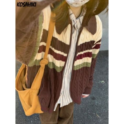 US $24.16 39％ Off | Y2k Aesthetic Vintage Tassel Knitted Cardigan 2023 Spring Oversize Loose Contrast Women Sweater Zipper Harajuku Cardigan Femme Cute Cardigans Aesthetic, Scandi Aesthetic Fashion, Cardigan Outfit Brown, Cute Brown Outfits, Knitted Cardigan Outfit, Brown Clothes Aesthetic, 90s Cottagecore, Zipper Sweater, Loose Cardigan