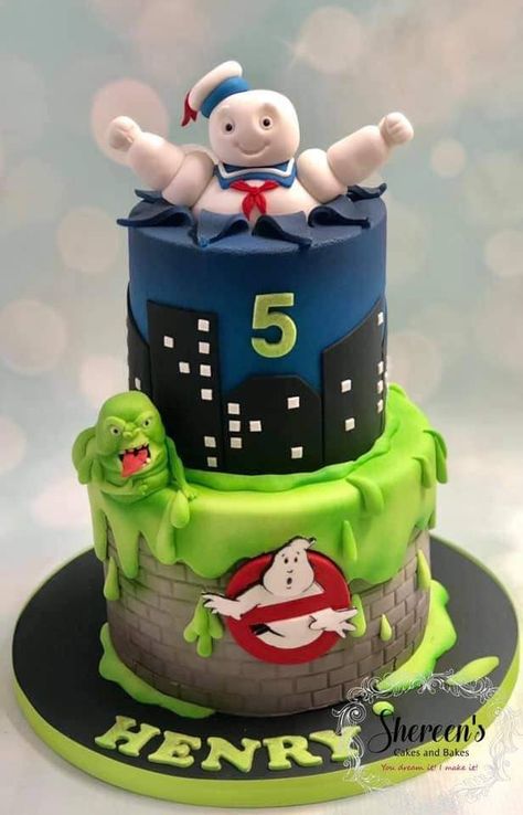 Ghost Busters Birthday Cakes, Ghostbuster Cakes Ideas, Ghost Buster Cakes, Ghostbusters Birthday Party Cakes, Ghostbuster Cakes Birthdays, Disney Halloween Birthday Cake, Ghostbuster Birthday Party, Ghost Buster Birthday Party Ideas, Marshmallow Man Cake