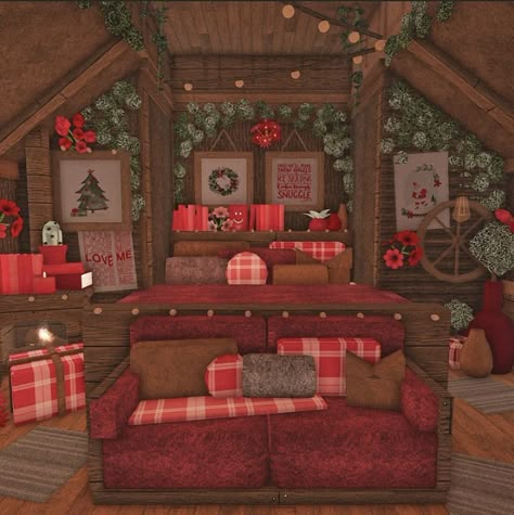 Bloxburg Christmas Cabin Ideas, Bloxburg Cozy Christmas House, Bloxburg Christmas Decorating Ideas, Roblox Bloxburg House Ideas Christmas, Christmas Bloxburg Decor, Bloxburg Santas Workshop, Bloxburg Winter Cottage, Bloxburg Christmas Build Ideas, Christmas Builds Bloxburg