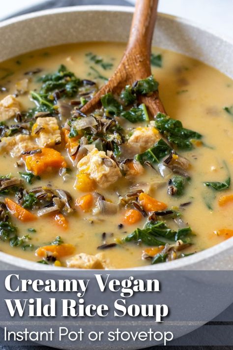 This cozy and nutritious wild rice soup is loaded with veggies like kale and butternut squash and is a breeze to make in the Instant Pot or on the stovetop. Creamy yet light and 100% vegan! #vegansoup Vegan Instant Pot Soup, Vegan Rice Soup, Vegan Wild Rice Soup, Vegan Wild Rice, Soup Sunday, Vegan Butternut Squash Soup, Vegan Cornbread, Vegan Paleo Recipes, Plant Based Soups