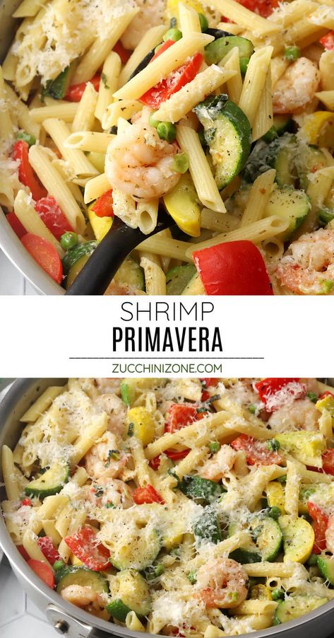 Shrimp primavera recipe by The Toasty Kitchen. Shrimp primavera is a flavorful, veggie-packed meal that's easy to make any time of year. Pasta, shrimp, and fresh seasonal veggies are tossed in a light lemon sauce to make this easy dish. #shrimpprimavera #primavera #dinnerideas #lightmeals #summer Pasta And Squash Recipe, Shrimp Squash Recipes, Zucchini Shrimp Boats, Shrimp Veggie Pasta, Squash And Shrimp Recipes, Shrimp Recipes Easy Healthy, Shrimp Primavera Recipe, Shrimp And Zucchini Recipes, Stovetop Zucchini