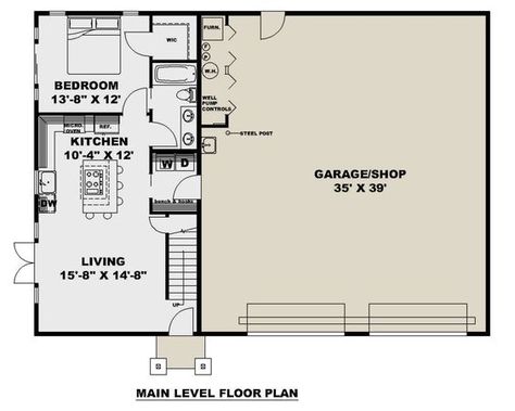 Barn Plan: 820 Square Feet, 1 Bedroom, 1 Bathroom - 039-00750 Small Barn With Living Quarters, Pole Building With Living Quarters, Shop With Living Quarters Plans Layout, Half Shop Half House, Barndo Apartment, Shops With Living Quarters, Barn Apartment Plans, Mini Barndominium, Barn Loft Apartment