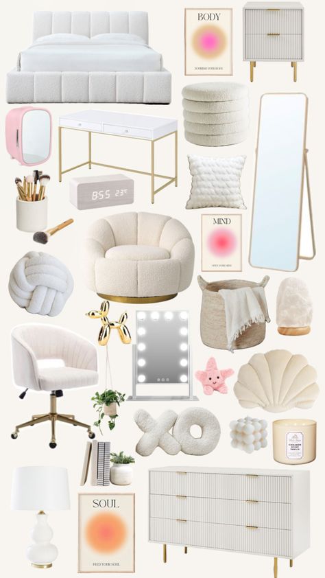 Desk Chair, Desk, Collage, Bedroom, Bed, Pink, Furniture, White