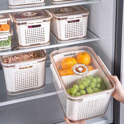 Organizer Fridge, Fridge Containers, Containers For Fridge, Fridge Organizer, Food Cart Design, Fridge Organisers, Fruit And Vegetable Storage, Kitchen Cupboard Designs, Fridge Storage