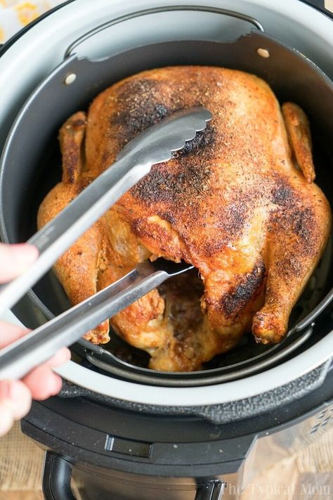 Air fryer whole chicken is amazing! Super crispy skin outside and tender meat inside makes the best dinner ever. Give this easy air fryer recipe a try. #airfryerrecipes #airfryer #chicken #wholechicken #crispy #thetypicalmom #ninjafoodirecipes #ninjafoodi Chicken In Ninja Air Fryer, Slow Cook Whole Chicken, Air Fryer Whole Chicken, Cook A Whole Chicken, Panini Recipes Chicken, Ninja Air Fryer, Braised Chicken Breast, Cooking Whole Chicken, Seared Chicken Breast