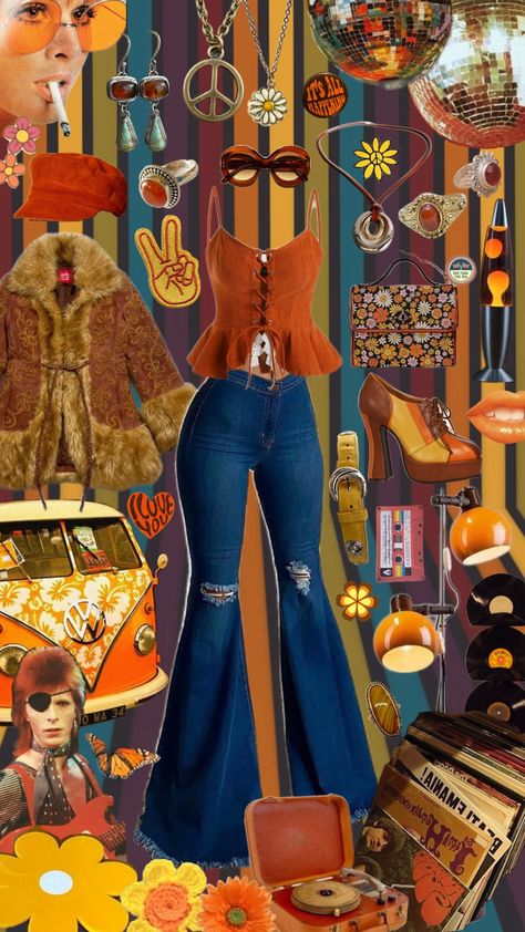 70s inspired look - - - #70s #70saesthetic #that70sshow #vintage #vintageaesthetic #retro #retroaesthetic #aesthetic #orange #shoes #davidbowie #jewelry #fashion #fashioninspo #outfit #outfitinspo #outfitinspiration #collages #bellbottoms #hat #jacket #rings #sunglasses 70s Hippie Outfits, Hippie Outfits 70s, 70’s Outfit, 70s Halloween Costume, Vintage Aesthetic Outfits, Hippie Costume Halloween, 70s Inspired Outfits, 70 Outfits, Vaquera Outfit