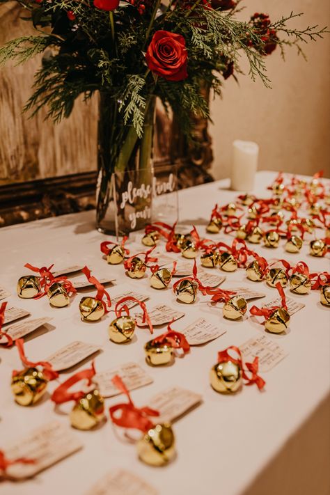 Jingle Bell Place Card Holder, Burgundy And Gold Christmas Wedding, December 1st Wedding, Christmas Wedding Background, Classy Christmas Wedding Decor, Christmas Wedding Gift Table, Red And Gold Christmas Wedding, White And Gold Christmas Wedding, Winter Wedding Styling