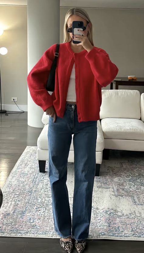 Red Leather Jacket Outfit Casual, Cardigan Over Shoulders Outfit, Red Sweater And Jeans Outfit, Holiday Jeans Outfit, Fall Red Outfit, Red Fleece Outfit, Winter Sorority Rush Outfits, Red Boot Outfit Ideas, Maroon Turtle Neck Outfit