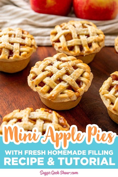 These mini apple pies are so easy to make! All you need is pie crust (homemade or store-bought), apples, and a couple of muffin tins. These mini pies are perfect for individual desserts at Thanksgiving, Christmas, or even fall-themed parties like bridal showers. #minipies #applepies #miniapplepies #dessert Apple Croissants, Easy Mini Apple Pies, Pie Crust Homemade, Apple Bake, Buttery Flaky Pie Crust, Baked Apple Dessert, Savoury Pies, Thanksgiving 2023, Preppy Kitchen