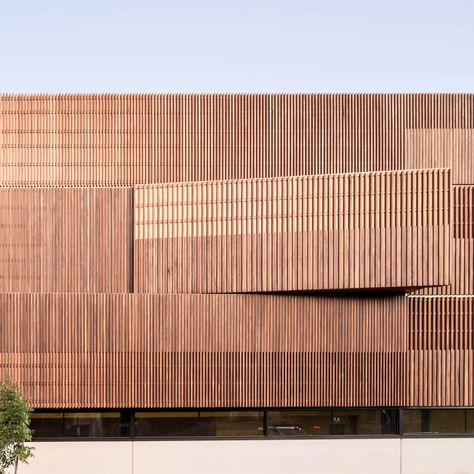 Timber Facade, Sports Centre, Sport Hall, Sports Complex, Facade Architecture, Facade Design, Wood Patterns, Wood Slats, Colour Tone