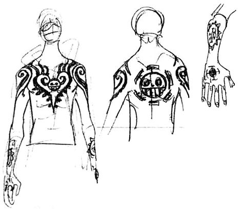 Trafalgar Law's tattoos Law Tattoo, Seal Tattoo, Law One Piece, One Piece Aesthetic, One Piece Tattoos, Eustass Kid, Trafalgar Law, Anime Tattoos, One Piece Manga