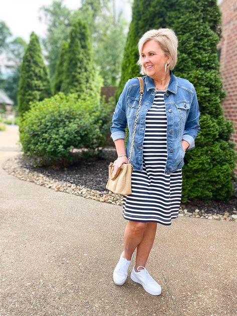 White Striped Dress Outfit, Dresses With Tennis Shoes, 50 Is Not Old, Amazon Influencer, Tennis Shoes Outfit, Shirt Dress Outfit, Striped Tank Dress, Dress With Jean Jacket, Striped T Shirt Dress