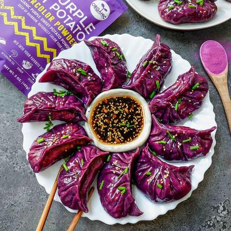 Who doesn’t love rainbow colored foods especially when it’s naturally colored and in these packed with umami deep, vibrant purple! Not only is it pleasing to your eyes, these delicious dumplings will satisfy all your savory cravings and make a perfect festive dish for family & friends! Made with Suncore Foods® Purple Sweet Potato Supercolor Powder into the dough for the stunning hue! We'll definitely be snagging more than one! Sweet Potato Dumplings, Sweet Potato Powder, Buah Naga, Motivasi Diet, Purple Sweet Potato, Vegan Ideas, Potato Dumplings, Purple Food, Purple Sweet Potatoes