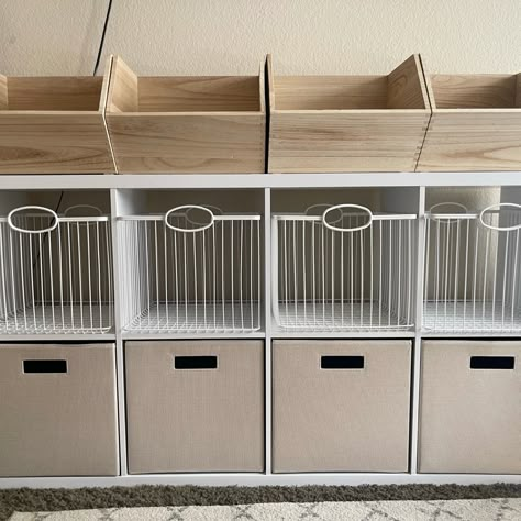 Cubicle Toy Storage, Neutral Playroom Storage, Storage Cubes Playroom, Toy Shelf Organization Playroom, Diy Toy Bin Storage, Play Closet Organization, Playroom Organization Storage Cabinets, Toy Storage Shelf With Bins, Toy Cube Organization