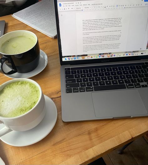 Two hot matchas on a table with a computer Study In A Cafe Aesthetic, Working At Cafe Aesthetic, Matcha Study Aesthetic, Studying Coffee Shop, Coffee Shop Studying Aesthetic, Cafe Study Aesthetic, Coffee Shop Studying, School Romanticizing, Coffee Shop Study