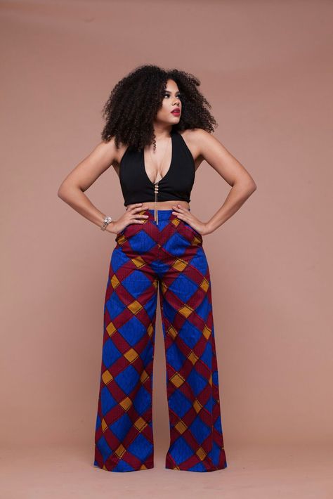 High waisted African print pants Bas Large, African Pants, African Print Pants, African Fashion Designers, African Fashion Modern, Printed Wide Leg Pants, African Fashion Women, African Clothing Styles, African Men Fashion