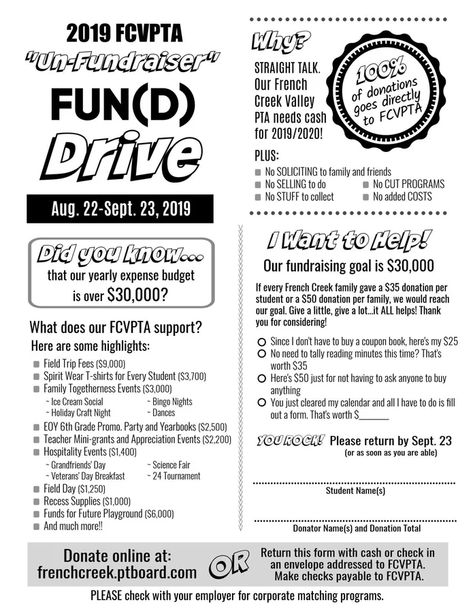 French Creek Elementary School on Twitter: "Dear FC Community, Our PTA is sponsoring an “Un-Fundraiser” to reduce the need for fundraisers throughout the school year. Please consider helping us to reach our $30,000 goal! Visit https://t.co/41qtAuor9d. 🌟#WhatMakesFCSpecial https://t.co/14GvXUUtBd" / X Club Fundraising Ideas High School, Project Graduation Fundraisers, School Fundraiser Themes, Middle School Fundraising Ideas, School Fundraising Ideas Elementary, School Council Ideas, Student Council Fundraising Ideas, School Fundraiser Ideas, Middle School Fundraisers