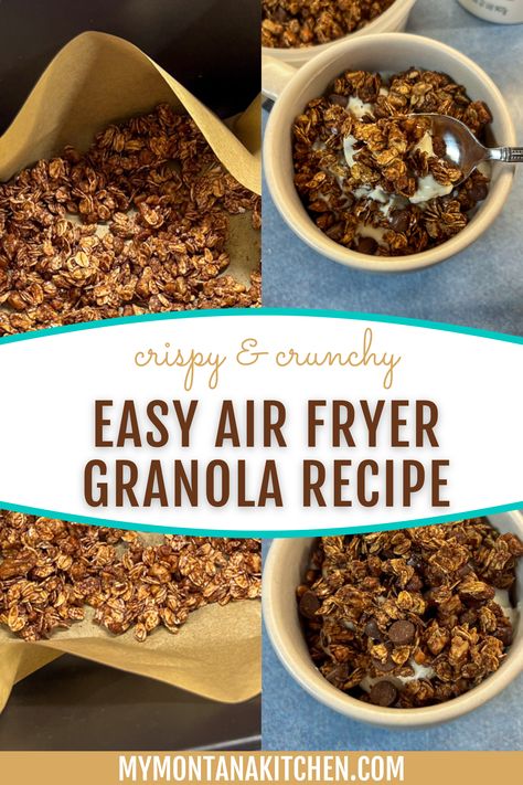 Crispy, crunchy granola in 15 minutes, with no oil? Yes, it IS possible. This recipe shows you how to make Air-Fryer Granola—and it's easier than ever! Combine the goodness of granola with the convenience of your trusty air fryer in a double chocolate recipe that uses both cocoa powder AND sugar-free chocolate chips. Get this healthy, delicious recipe now! Air Fryer Granola Recipe, Air Fryer Granola, Montana Kitchen, Easy Granola Recipe, Trim Healthy Mama Plan, Easy Granola, Toasted Oats, Delicious Low Carb Recipes, Baked Granola