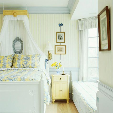 Blue And Yellow Bedroom, Monterey Colonial, French Inspired Bedroom, Hang Curtains, Interior Color Schemes, French Bedroom, Pick A Color, Elegant Bedding, Yellow Bedroom