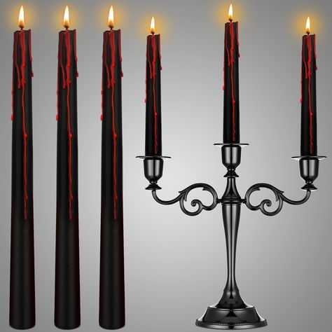 PRICES MAY VARY. Candles that Bleed When Lit: this vampire tears black candles set includes a 3-head black taper candle holder and 6 pcs black taper candles, when lit, these candles look like they are bleeding, help you to create a scare atmosphere, a nice choice for Halloween decoration Create a Strong Halloween Atmosphere: if you decide to surprise your friends with extraordinary Halloween characters, bleeding taper candle that bleeds will also match your outfit; You can also design a special Halloween Party Decor Indoor, 1920s Halloween Decor, Vampire Ball Decorations, Dracula Halloween Decor, Medical Halloween Decorations, Vampire Decorations Party Ideas, Adams Family Halloween Decorations, Vampire Halloween Decor, Red Halloween Decor