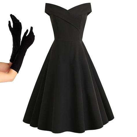 Silhouette:A-Line; Hemline / Train:Knee Length; Season:Spring  Summer; Look After Me:Washable; Gender:Women's; What's in the box:Gloves,Dress; Types:Swing Dress,A-Line Dress,Cocktail Dress; Holiday:Masquerade,Valentine's Day; Style:Retro Vintage,A-line,1950s; Elasticity:Micro-elastic; Occasion:Wedding,Birthday Party,Homecoming; Material:Polyester,Spandex; Age Group:Adults'; Characters:Audrey Hepburn; Pattern:Vintage,Plain; Design:Off Shoulder; Listing Date:02/28/2023; Clothing Length:; Bust:; Wa 1950s Vintage Dress, Formal Old Money Dresses, 1950s Evening Dress, 60’s Dress, Business Professional Dresses For Women, Punk Formal Outfit, 1960s Dresses Formal, 60s Dresses Vintage, Knee Length Formal Dresses