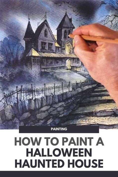 How to Paint a Halloween Haunted House – Urbaki Art Haunted House Watercolor Painting, Haunted House Painting Canvas, Halloween Gouache Painting, Haunted House Watercolor, Halloween Watercolor Painting, Haunted House Painting, Watercolour Halloween, Spooky Painting Ideas, Halloween Watercolor Art