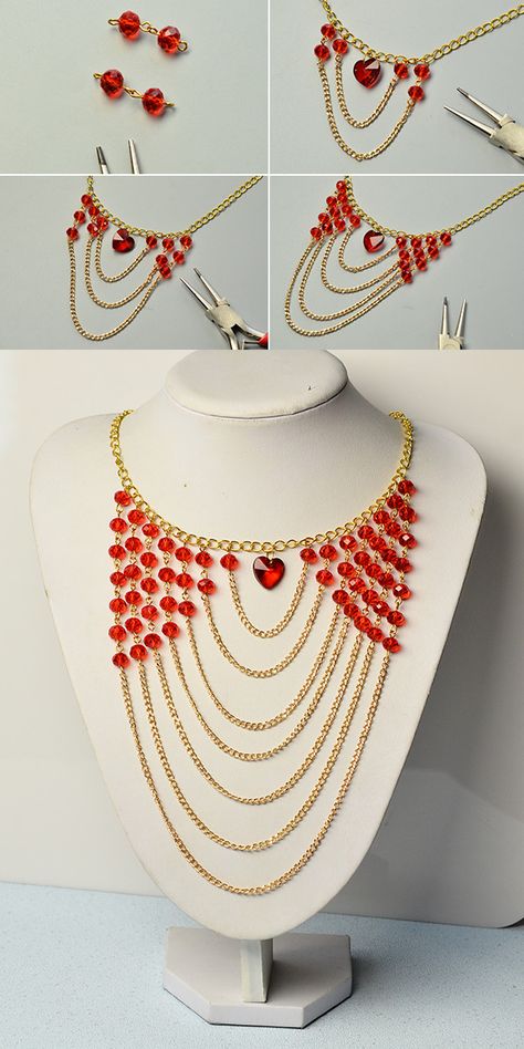 red glass beads chain necklace, the tutorial will be shared by LC.Pandahall.com soon. Glass Bead Necklace Ideas, قلادات متدلية, Origami Fashion, Diy Collier, Tutorial Ideas, Beads Chain, Necklace Patterns, Fashion Tutorial, Dangle Necklaces