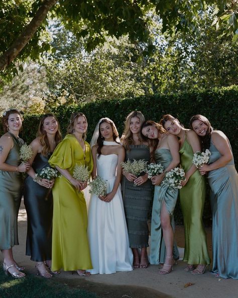 Dresses • Instagram 6 Bridesmaids Pictures, Blue Shades Bridesmaid Dresses, Shades Of Green Bridesmaids, Vibrant Bridesmaid Dresses, Blue And Green Bridesmaids, Mixed Matched Bridesmaids, Same Color Different Style Bridesmaid, Green And Blue Bridesmaid Dresses, Peacock Colored Wedding