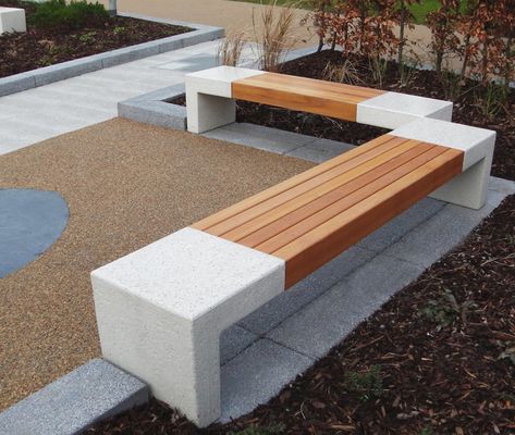 Giada PDM Concrete Wood Bench 9 | id created, Inc. Concrete Wood Bench, Concrete Seating, Outdoor Bench Seating, Wooden Garden Benches, Concrete Bench, Park Landscape, Concrete Furniture, Industrial Park, Lan Can