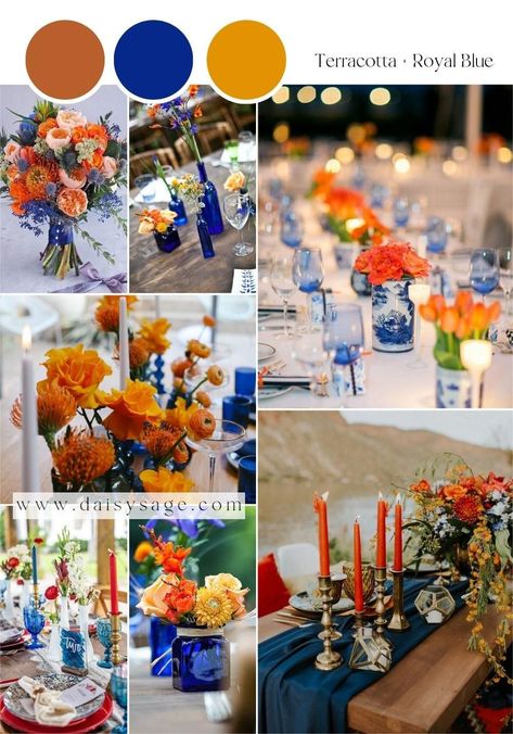 Terracotta and Royal Blue Wedding Color Theme Royal Blue Fall Wedding, Wedding 2024 Trends, Wedding Color Theme Ideas, Terracotta Wedding Color, Blue Wedding Colour Theme, Blue Color Palette Wedding, Royal Blue Wedding Theme, Top Wedding Colors, Amber Wedding