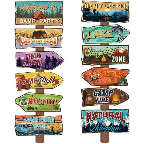 PRICES MAY VARY. Package Includes: you will get 24 pieces of camping party signs decors in 12 different styles, 2 pieces for each style, coming with 100 pcs glue point dots for easy paste; These camping party directional signs are ideal for all camping theme parties, which will create some beautiful camper party memories; You can also share them with your neighbors or families Camping Party Design: our camping decorations for party are featured with various camping party themed elements, such as Camping Themed Party Decorations, Camping Party Decor, Rustic Camper, Camping Party Decorations, Lake Birthday, Yard Wall, Camp Party, Camper Signs, Camping Theme Party