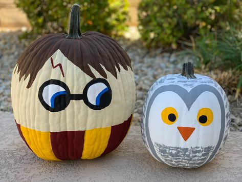 Halloween Painted Pumpkins- Harry Potter & Hedwig Hedwig Pumpkin, Pumpkins Pictures, Harry Potter Pumpkin Carving, Cute Painted Pumpkin Ideas, Harry Potter Pumpkin, Pumpkin Painting Party, Halloween Pumpkin Crafts, Creative Pumpkin Painting, Creative Pumpkin Decorating