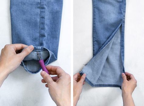 DIY Bell Bottom Jeans Diy Bell Bottoms Jeans, How To Make Straight Leg Jeans Into Bell Bottoms, Making Jeans Into Bell Bottoms, How To Make Bell Bottoms Out Of Jeans, Bell Bottom Jeans With Fabric Insert, Add Bell Bottoms To Pants, Diy Bellbottom Jean, Diy Flares Bell Bottoms, How To Sew Bell Bottom Pants