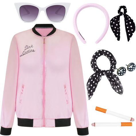 PRICES MAY VARY. Complete 1950s Themed Costume Set for Adults: This set includes a Pink Ladies jacket, glasses, neck scarf, headband, Dot earrings, and ponytail holders. It is perfect for creating a complete 1950s themed outfit for adults, ideal for sock hops, retro-themed events, or Halloween parties. Authentic Halloween Accessories and 1950s Dresses: Each accessory in this set is inspired by the classic Sandy from Grease costumes and 1950s fashion, ensuring that your costume has a high level o Pink Ladies Halloween Costumes, 50s Dress Up, 50s Halloween Costumes, Pink Ladies Halloween, 2000s Costume, Sandy Grease Costume, Grease Halloween Costumes, 50s Halloween, Pink Lady Costume