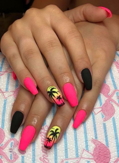 Coffin Nails Designs Summer, Palm Tree Nails, Neon Acrylic Nails, Halloween Acrylic Nails, Tropical Nails, Tree Nails, Edgy Nails, Grunge Nails, Almond Acrylic Nails