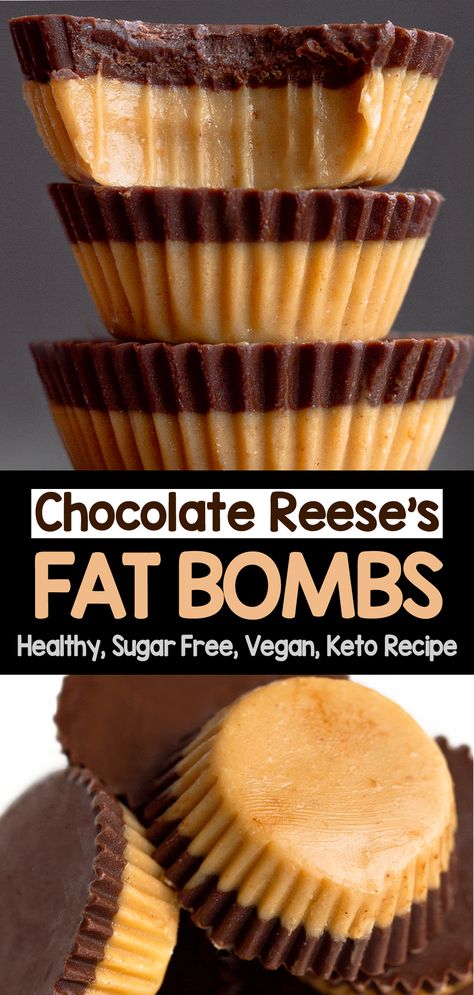 These healthy chocolate peanut butter fat bombs are an easy keto snack recipe that taste like biting into a Reeses peanut butter cup! #keto #recipe #ketosnack #healthysnack #fatbombs #chocolate #ketorecipe #healthy #peanutbutter #sugarfree #vegan Healthy Chocolate Peanut Butter, Sugar Free Snacks, Keto Snack, Chocolate Peanut Butter Cups, Fat Bomb Recipe, Diet Breakfast Recipes, Keto Fat, Low Carb Chocolate, Easy Peanut Butter