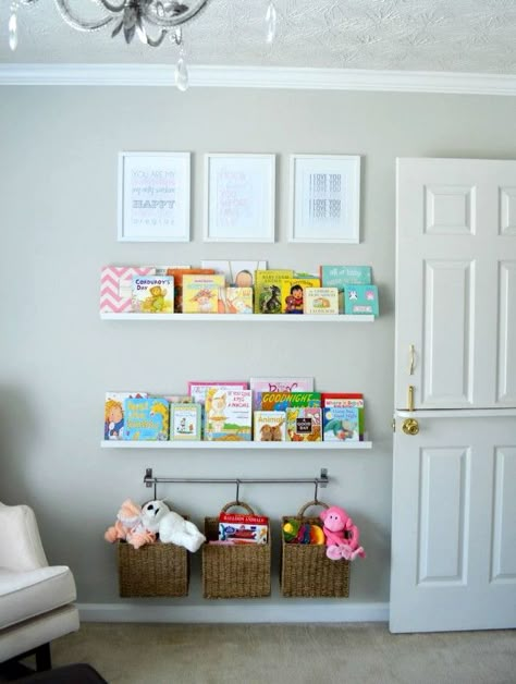 Nursery Bookshelf Wall - with the quote "the more you read, the more you know" by dr. seuss at the top instead of the frames, like the storage at the bottom too Nursery Wall Shelf, Baby Room Storage, Baby Nursery Storage, Baby Nursery Organization, Nursery Bookshelf, Baby Room Organization, Girl Nursery Room, Baby Room Inspiration, Baby Boy Room Nursery