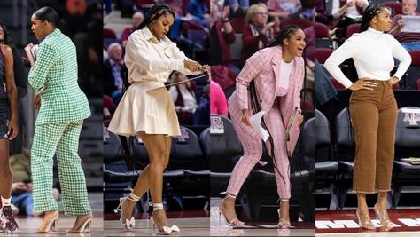 Women Basketball Coaches Outfits, Coach Outfits Sports Women, Coaching Outfits Basketball, Baddie Basketball, Female Coach Outfits, Coach Game Day Outfit, Pink Leather Pants, Sydney Carter, Basketball Game Outfit Women