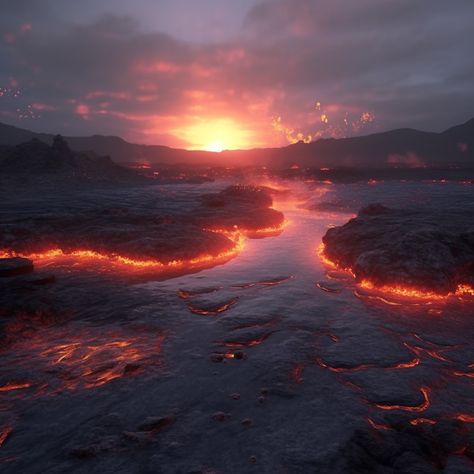 A steaming volcanic landscape with lava flowing into a molten lake Lava Lake Art, Fantasy Lava Landscape, Volcanic Aesthetic, Lava World, Lava Kingdom, Volcanic Wasteland, Project Volcano, Lava Castle, Lava Aesthetic