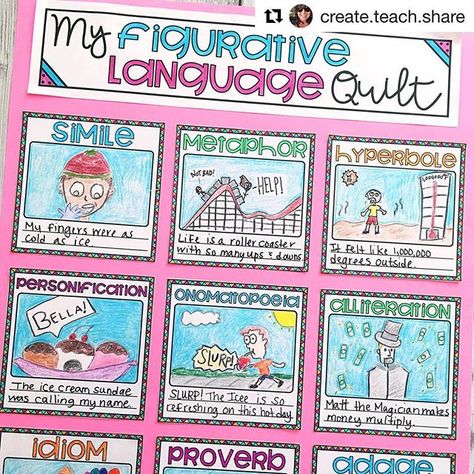 I just LOVE this Figurative Languega Quilt from Rebecca @create.teach.share She has some awesome activities!! Go check this and many other ideas out on her feed! #Repost @create.teach.share This Figurative Language Quilt is my favorite!! Its the perfect project to culminate your figurative language unit. Use the link in my profile to learn more!! Bit.ly/FLToolboxInsta #teachersfollowteachers #teachersofinstagram #teachersofinsta #instateacher #teachersofig #igteachers #teacherlife #iteachtoo #i Figurative Language Project, Figurative Language Anchor Chart, Figurative Language Lessons, Figurative Language Activity, Middle School Ela Classroom, Teaching Figurative Language, Primary Writing, Similes And Metaphors, 4th Grade Ela