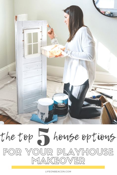 The Top 5 Houses for Playhouse Makeovers | Life on Beacon Playhouse Makeover Wooden, Diy Playhouse Door, Inside Kids Playhouse Interior Ideas, Small Cubby House, Playhouse Makeover Interior, Inside Kids Playhouse, Playhouse Interior Ideas Small, Makeover Playhouse, Wooden Playhouse Makeover