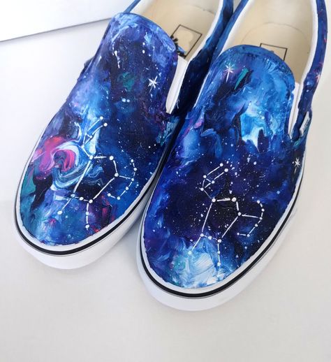 Celestial Shoes, Orion Galaxy, Doctor Who Shoes, Galaxy Shoes, Galaxy Gifts, Textile Paint, Galaxy Vans, Orion Constellation, Leo Constellation