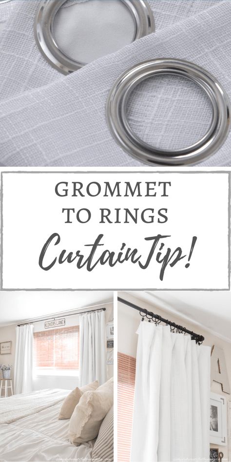 Our New Blackout Curtains + Grommets to Rings Tip | Simply Beautiful By Angela Grommet Curtains Living Room, Curtain Tips, Pipe Curtain Rods, How To Hang Curtains, Black Curtain Rods, Silver Curtains, Painted Curtains, Linen Blackout Curtains, Curtain Rings With Clips