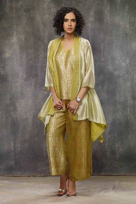 Buy Bodhi Tree Yellow Brocade Silk Woven Asymmetric Jacket Pant Set Online | Aza Fashions Brocade Suits, Bodhi Tree, Asymmetric Jacket, Color Block Jacket, Cotton Clothes, Yellow Silk, Pant Set For Women, Silk Suit, Silk Brocade