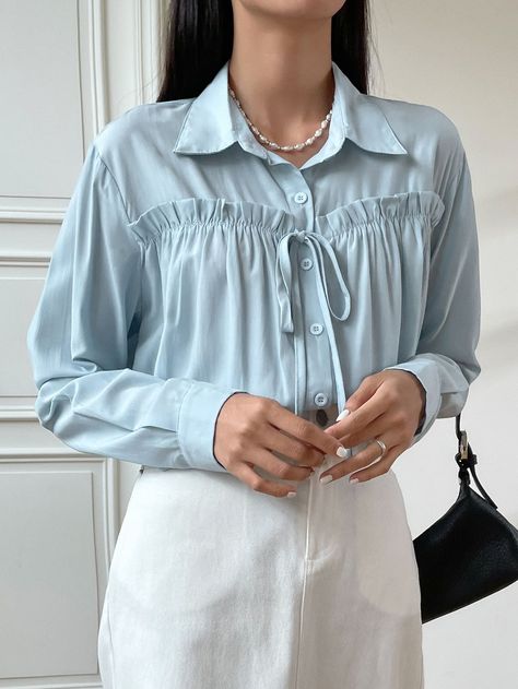 Earth Tones Fashion, Baby Blue Fabric, Oversized Pattern, Knot Button, Women Floral Blouse, Open Shirt, Tiered Tops, Fashion Tops Blouse, Embroidered Midi Dress