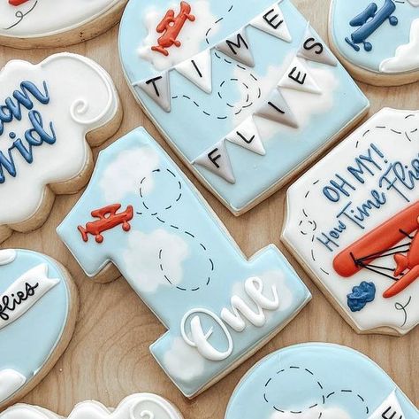 Frosted Little Crumbs on Instagram: "Time flies ✈️ • • • #airplanecookies #timefliescookies #cloundcookies #1stbirthdaycookies #birthdaycookies" How Time Flies Birthday Party, Time Flies First Birthday Cookies, Flying Birthday Theme, Two Fly Birthday Cookies, Airplane Cookies 1st Birthday, Time Flies Cookies Airplane Party, Time Flies Birthday Cookies, My Oh My How Time Flies Birthday, Time Flies Birthday Party Food