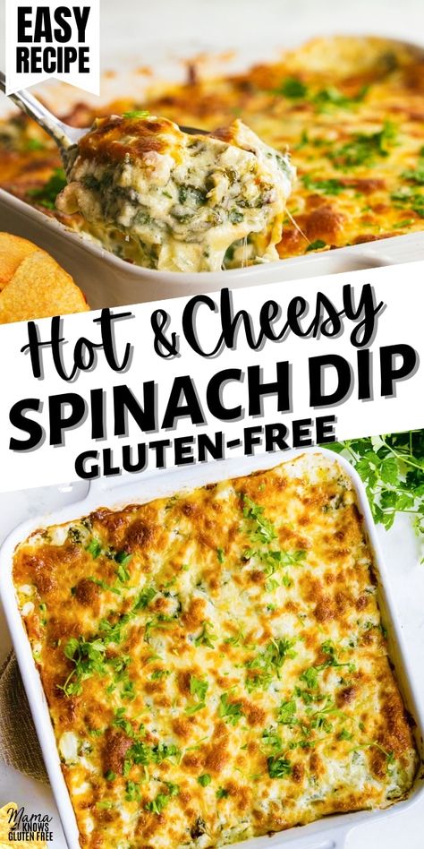 An easy recipe for hot spinach dip. This hot dip is a combination of spinach and cheeses is a perfect appetizer for any occasion and is easily made ahead of time. Gluten Free Christmas Appetizers, Hot Spinach Dip Recipe, Gluten Free Finger Foods, Mama Knows Gluten Free, Baked Spinach Dip, Gluten Free Dips, Hot Spinach Dip, Gluten Free Party Food, Gluten Free Chips