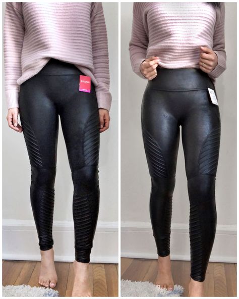 ARE SPANX LEGGINGS WORTH THE HYPE? | For the price, high-end leggings better be MAGIC. We're trying the Spanx faux leather leggings to see if they perform like the price tag. Pics inside. #TheMomEditStyle #SpanxLeggings #SpanxFauxLeatherLeggingsOutfit #SpanxMotoLeggings #SpanxLeatherLeggingsCasualOutfits #MomTummy #PetiteLeggings #RegularLeggings Spanks Leather Leggings Outfit, Leather Leggings Outfit Dressy, Moto Leggings Outfit, Leggings Outfit Dressy, Faux Leather Leggings Outfit, Faux Leggings, Wigs Blonde, Mom Edit, Leggings Outfit Casual