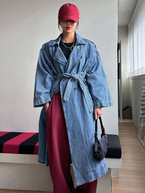 DAZY Women's Lapel Collar Double Breasted Long Denim JacketI discovered amazing products on SHEIN.com, come check them out! Denim Trench Coat Outfit, Denim Coat Outfit, Long Jacket Outfit, Double Denim Outfit, Long Denim Coat, Jean Trench Coat, Long Denim Jacket, Trench Coat Outfit, Jean Jacket Outfits