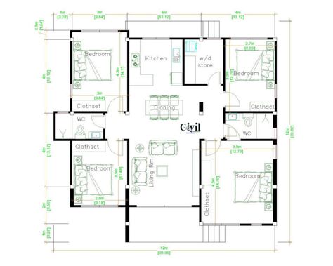 House Design Plans 12m×12m With 4 Bedrooms - Engineering Discoveries House Design 3d, 4 Bedroom House Plan, One Level House Plans, Four Bedroom House Plans, 4 Bedroom House Designs, Affordable House Plans, Roof House, 4 Bedroom House Plans, Simple House Plans